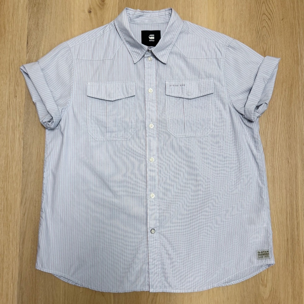 G Star Raw Blue White Orange Stripe Military Button Up Snap Cuff Sleeve Shirt M